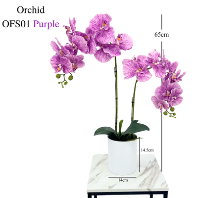 Artificial Purple Orchid in White Plastic Pot