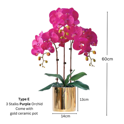 Artificial Purple Orchid (3/4 stalks) in Ceramic Gold Pot - (60cm)