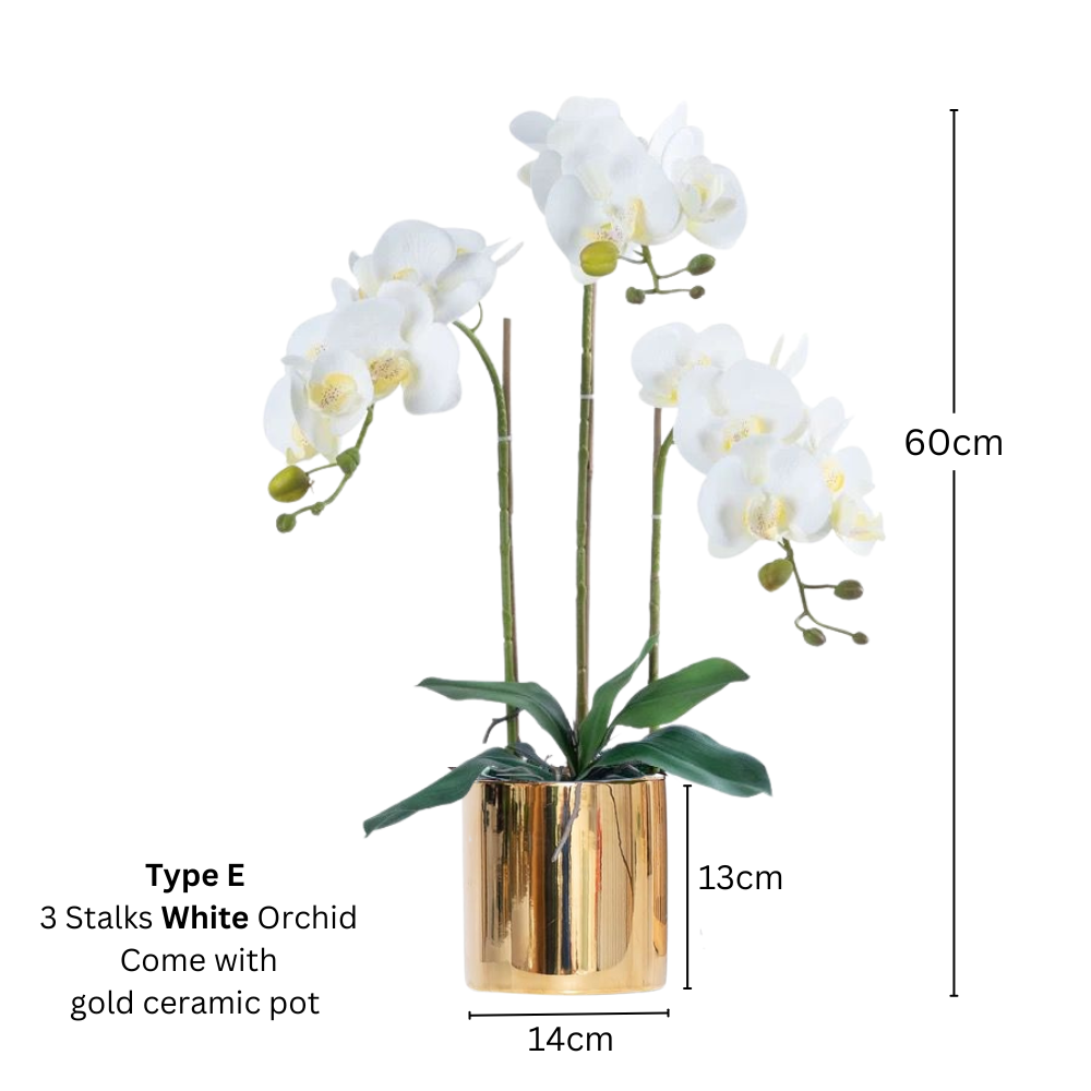 Artificial White Orchid in Ceramic Gold Pot