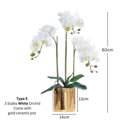 Artificial White Orchid in Ceramic Gold Pot