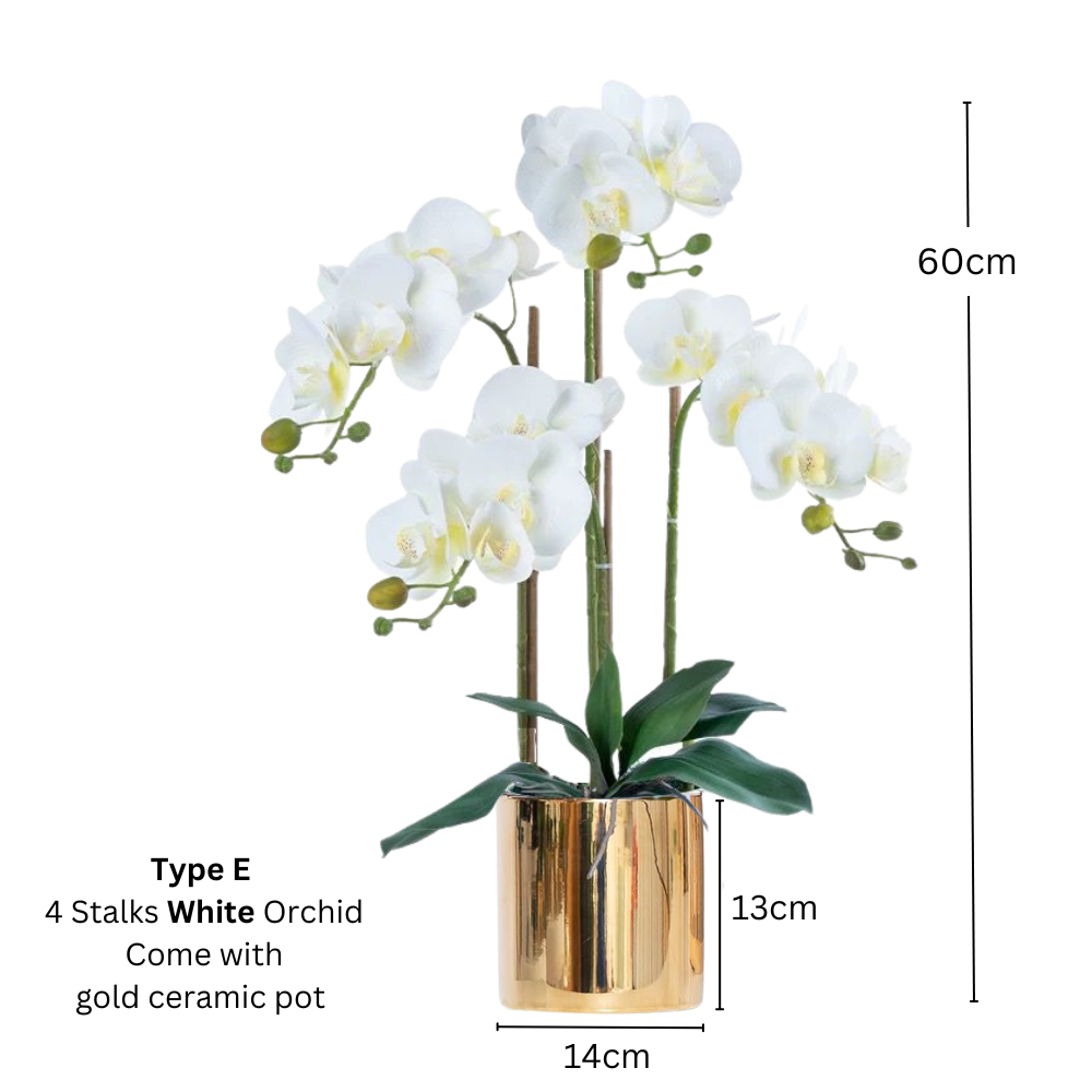 Artificial White Orchid in Ceramic Gold Pot