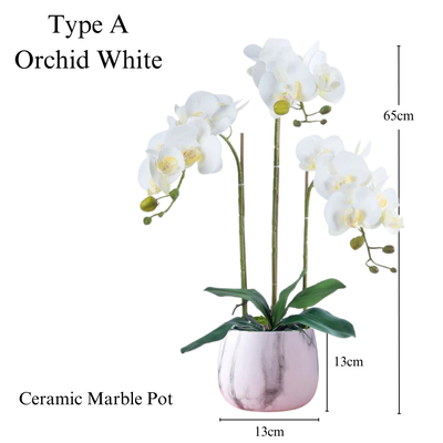 Artificial White Orchid in Ceramic Marble Pot