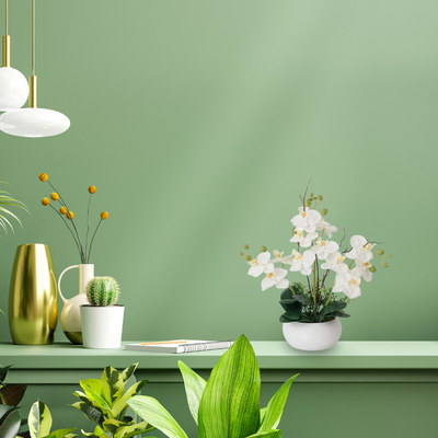 Artificial Orchid in Short Cylindrical Ceramic Pot - White (35cm)