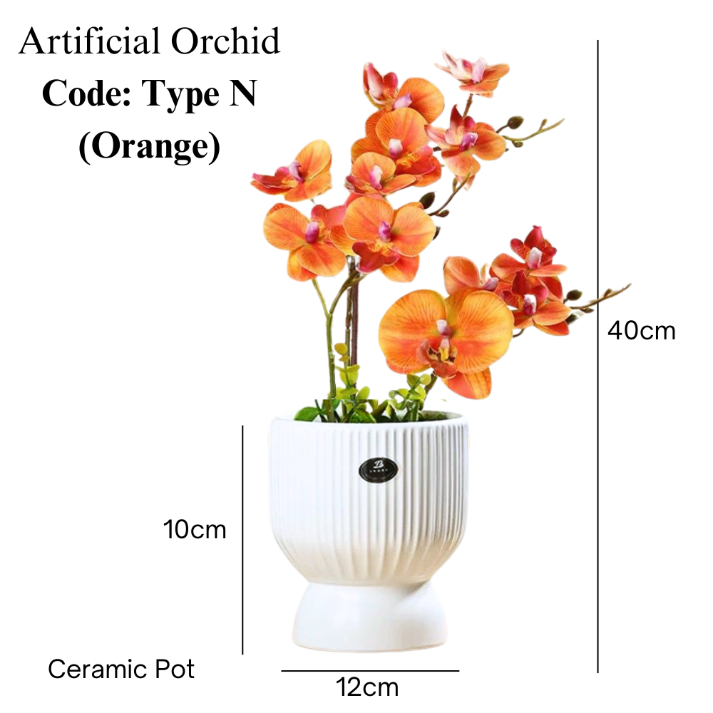 Artificial Orange Orchid in Roman Art Ceramic Pot (40cm)