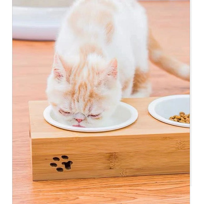 Wooden Double Ceramic Bowl