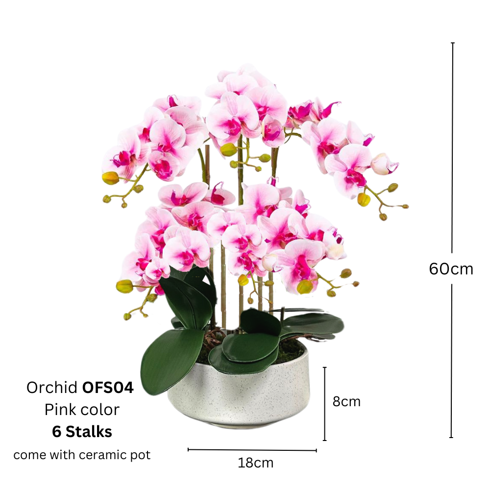 Artificial Pink Orchid (6 stalks) in Ceramic Pot - (60cm)