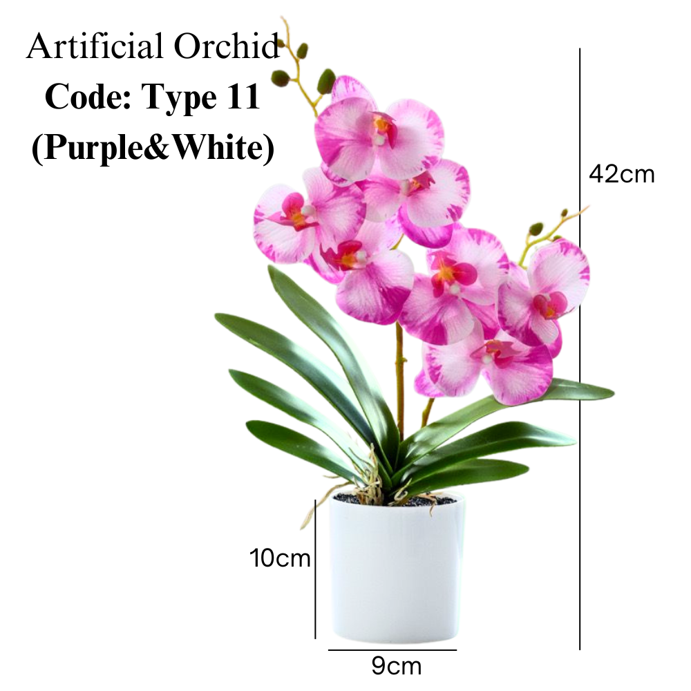 Artificial Purple White Orchid in Plastic White Pot (42cm)