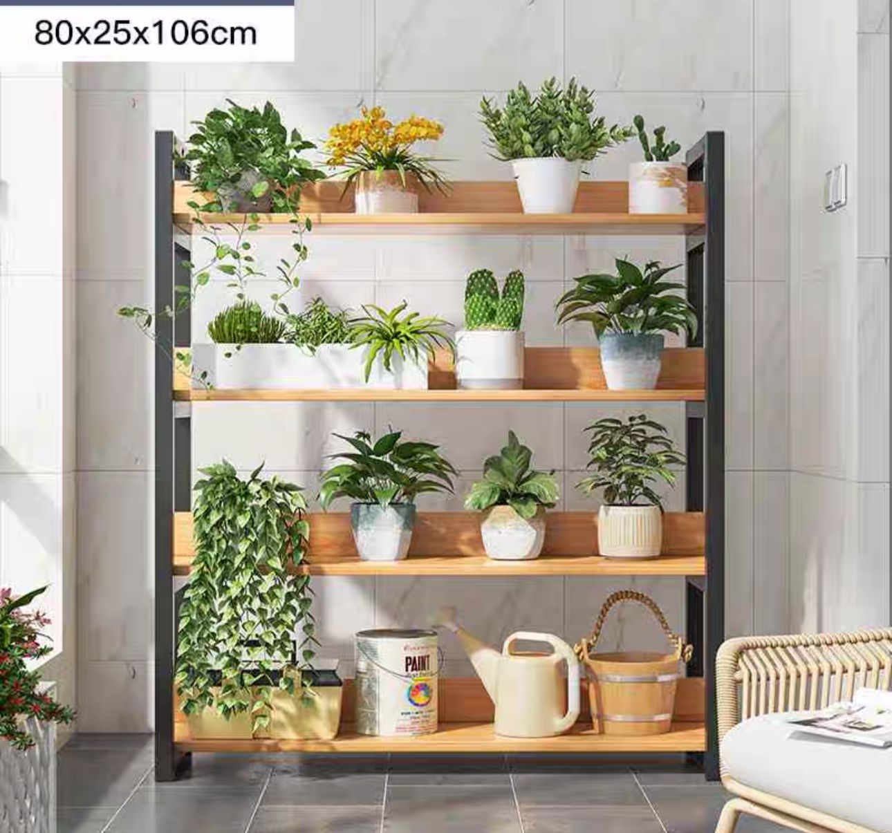 4 Tier Wooden Plant Rack (Metal Frame)