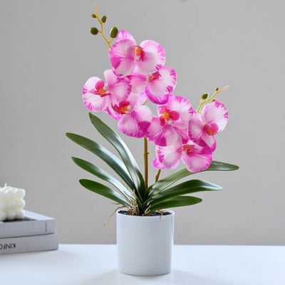 Artificial Purple White Orchid in Plastic White Pot (42cm)