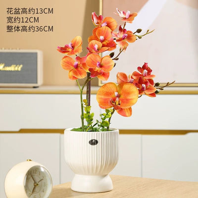 Artificial Orange Orchid in Roman Art Ceramic Pot (40cm)