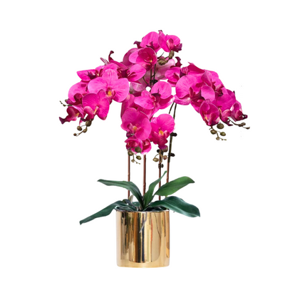 Artificial Purple Orchid (3/4 stalks) in Ceramic Gold Pot - (60cm)