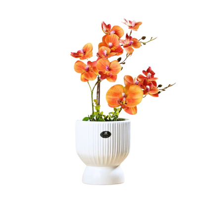 Artificial Orange Orchid in Roman Art Ceramic Pot (40cm)